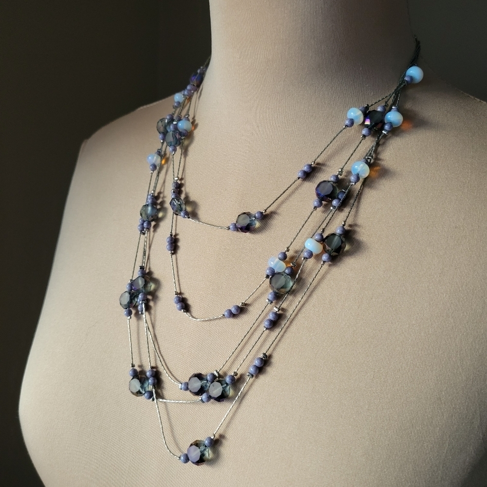 Charming Charlie Waterfall Multi-Strand Beaded Necklace Purple and Opal Tone‎